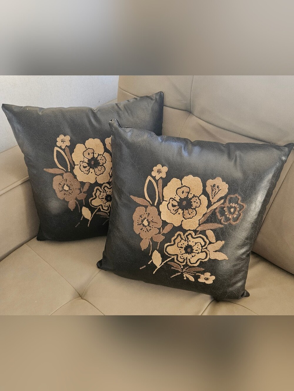 Set of 2 Faux Leather Floral Embroidered Throw Pillows with Inserts Black Brown